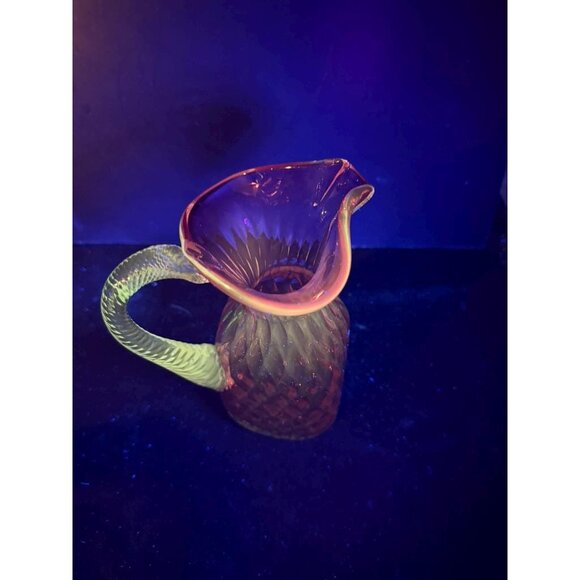 Rossi Art Glass Handblown Cranberry Optic Quilt Glass Pitcher w/ Applied Clear H - Picture 8 of 16